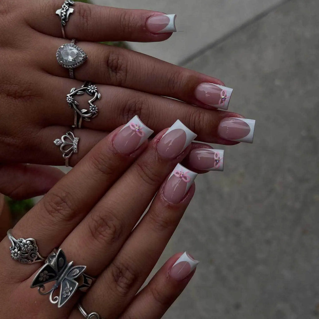 White French Press on Nails 3D Bowknot