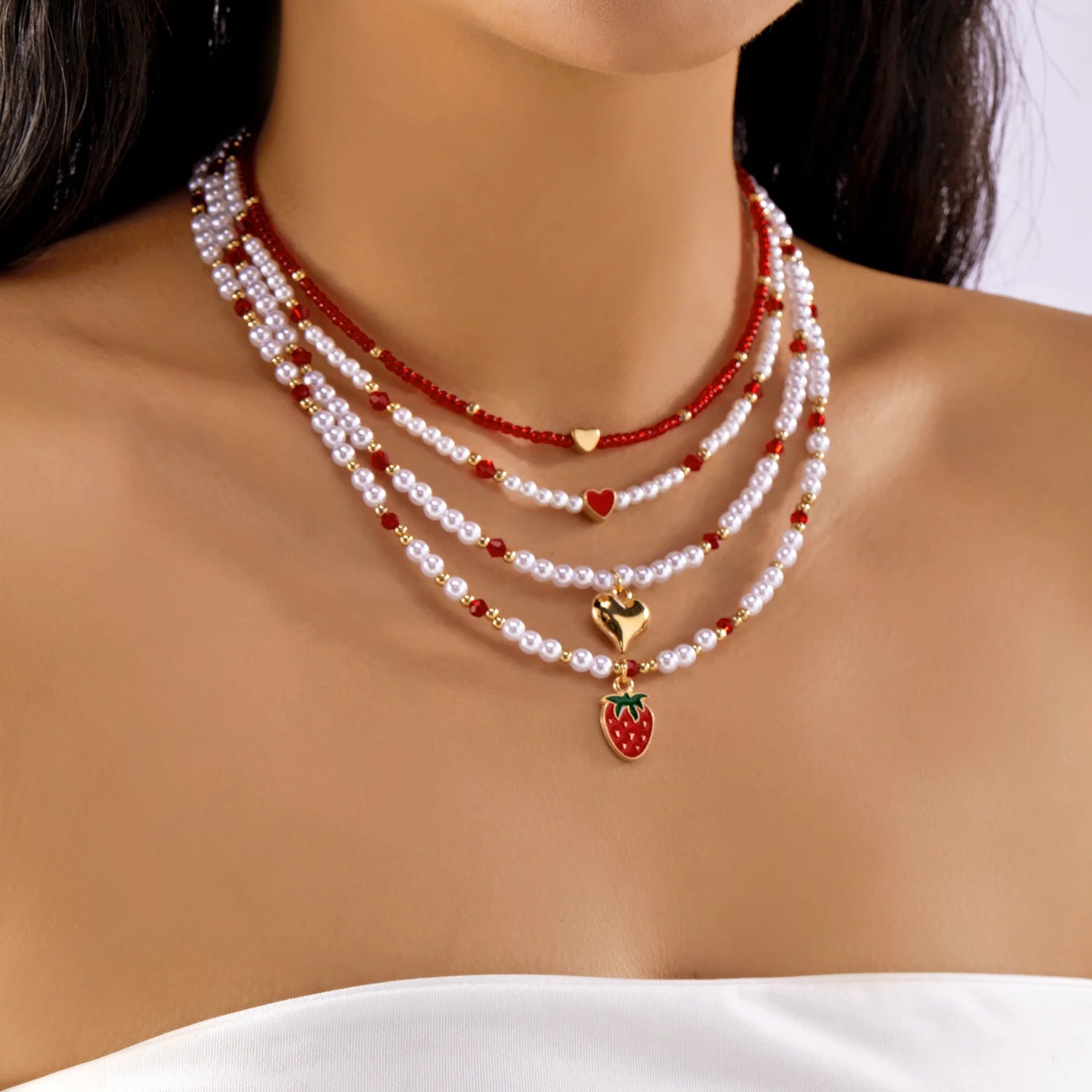 Trendy Red Fruit Cherry Pearl Necklace For Women