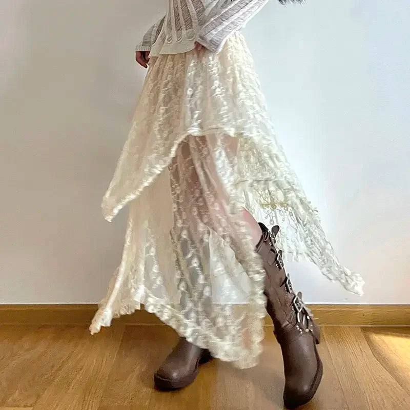 Lace Asymmetrical High-Waist Fairycore Skirt (Vintage Y2K Boho Style)