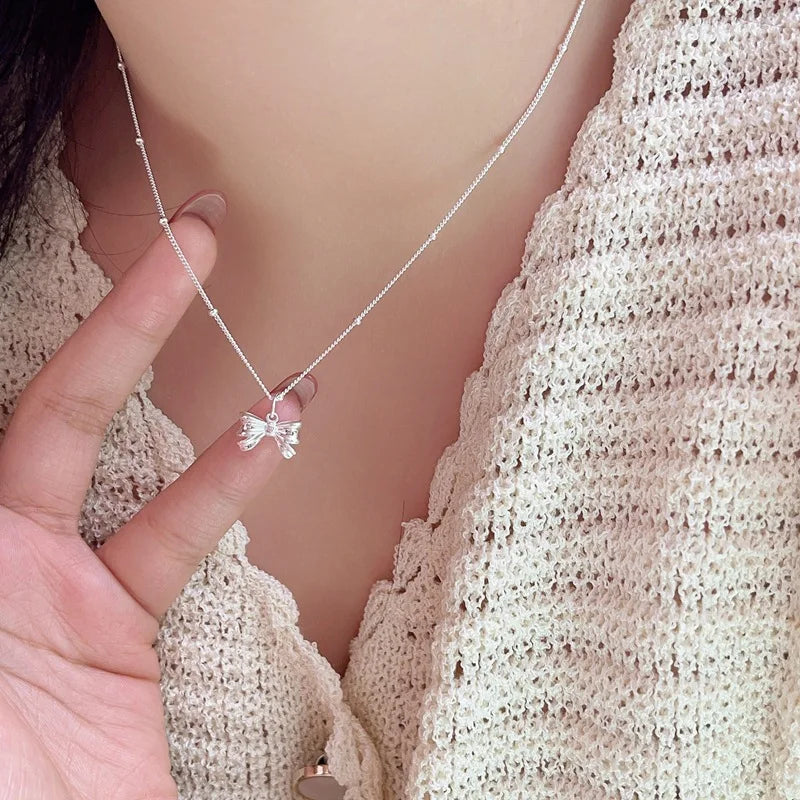 New Trendy Silver Bow Necklace For Woman