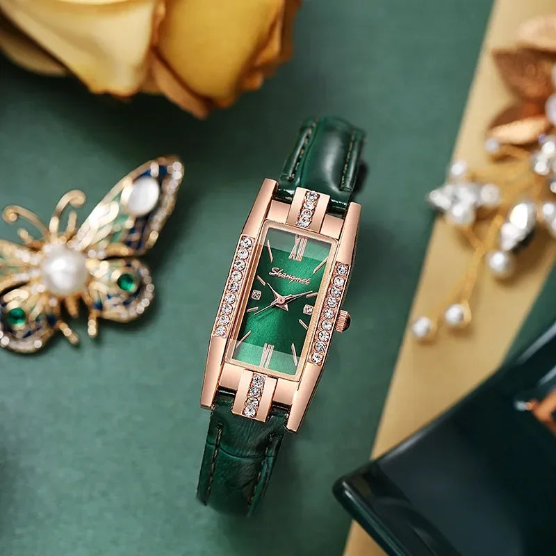 2 unidades/Reloj de cuarzo rectangular de moda para mujer con correa de cuero (sin caja)