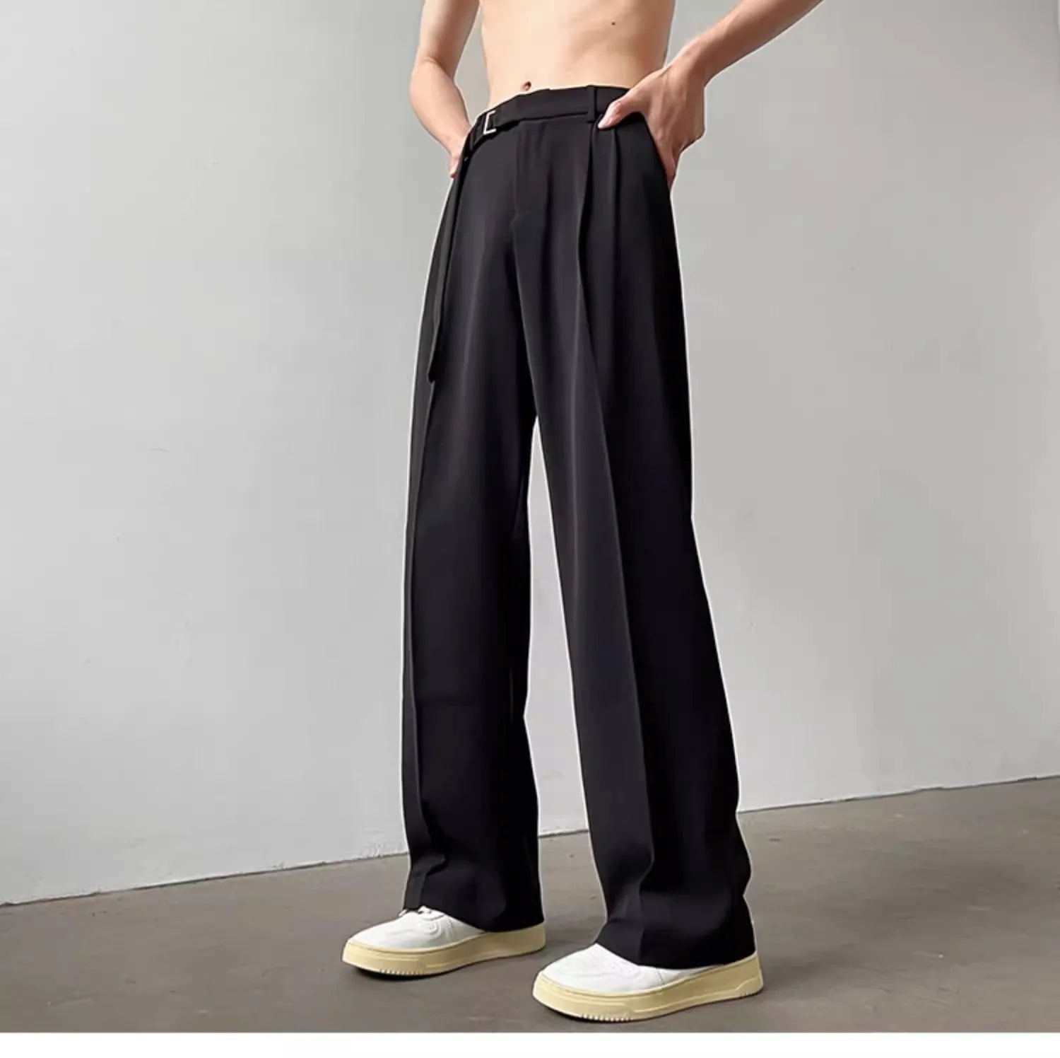 Retro High-End Wide-Leg Trousers with Belt (Men’s Casual Luxury Style)