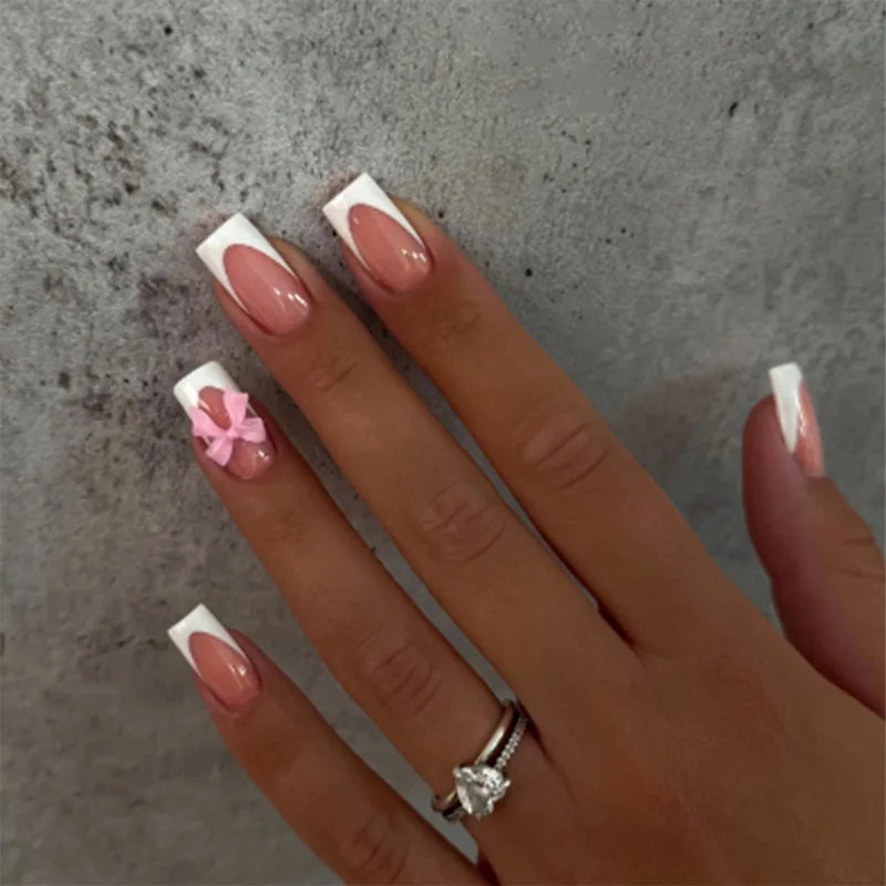 White French Press on Nails 3D Bowknot