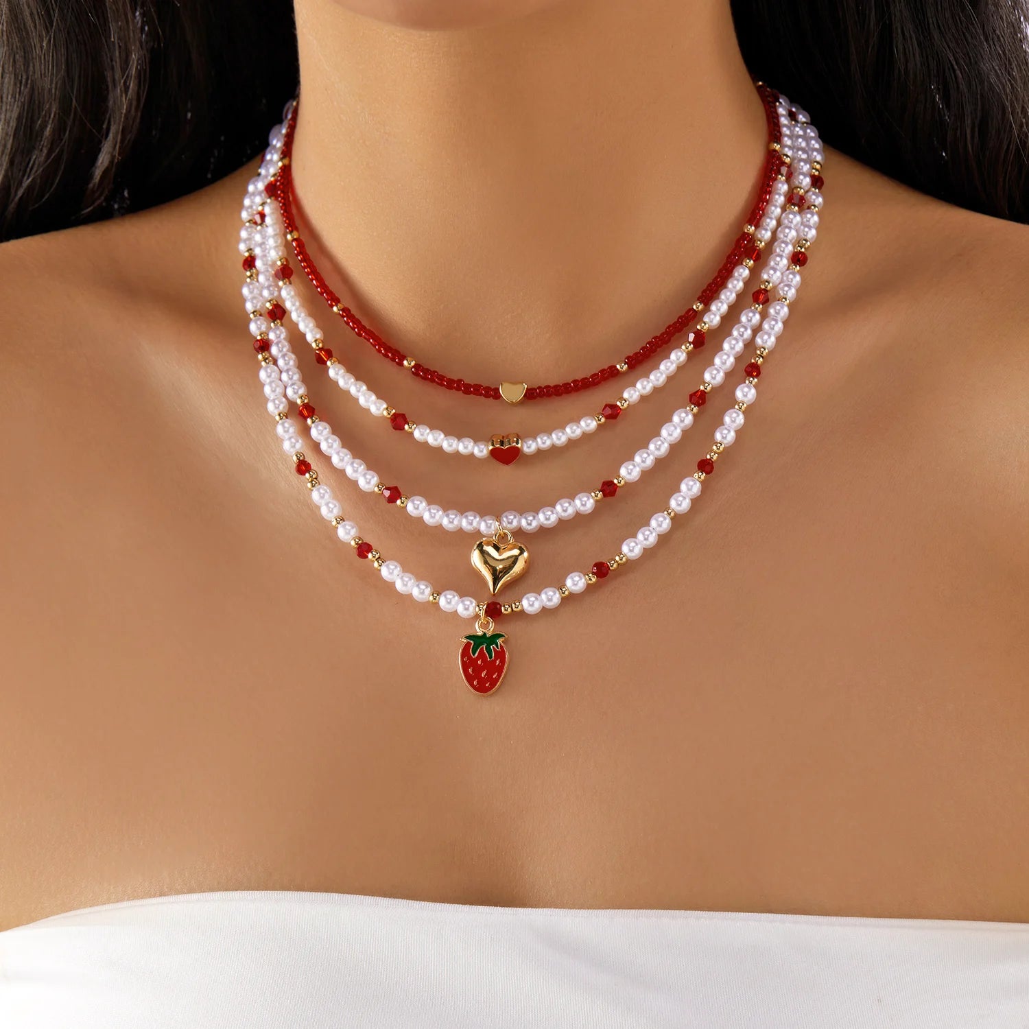 Trendy Red Fruit Cherry Pearl Necklace For Women