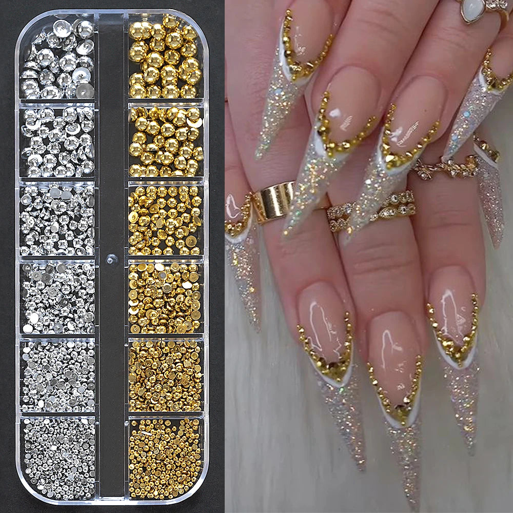 1 Box Half Round Flatback Nail Rhinestones Multi Size Gold& Silver