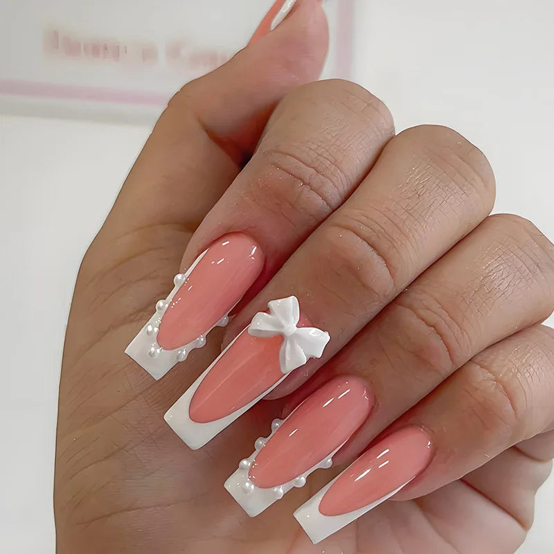 White French Press on Nails 3D Bowknot