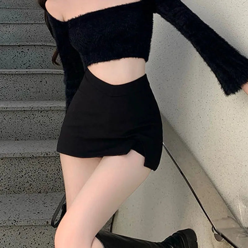 Black High-Waist Split Mini Skirt (Sexy Club & Streetwear Style)