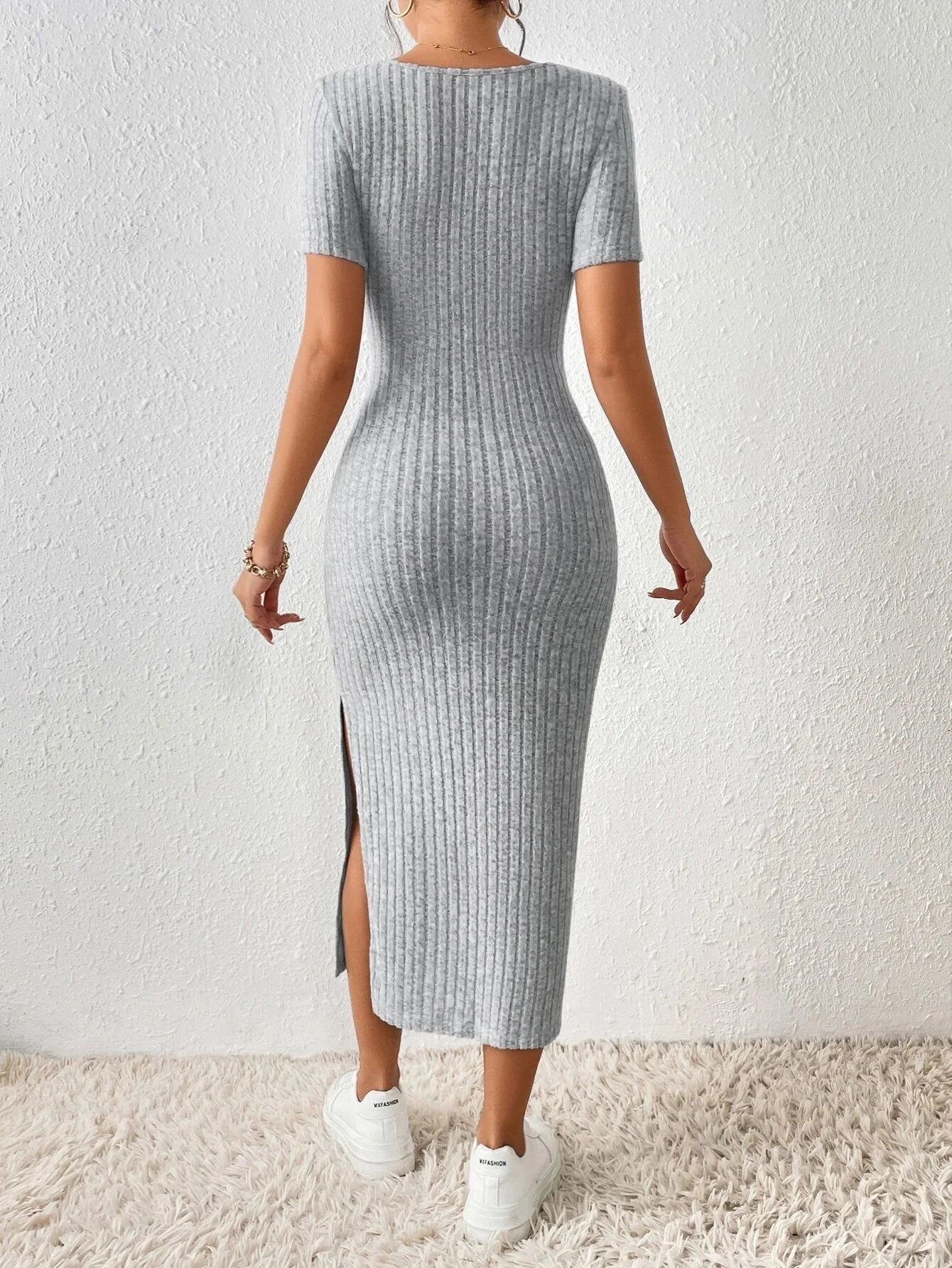 Women's Casual Short Sleeve Square Collar Side Slit Knitted Dress
