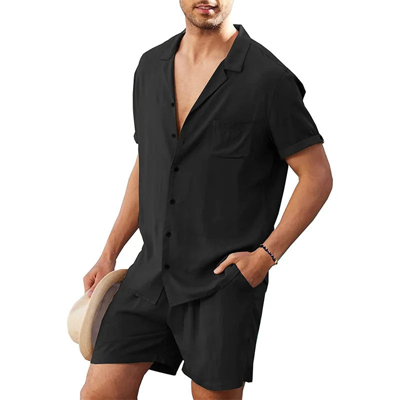 Cotton Linen Shirt Set Men's Casual 2-Piece Suit