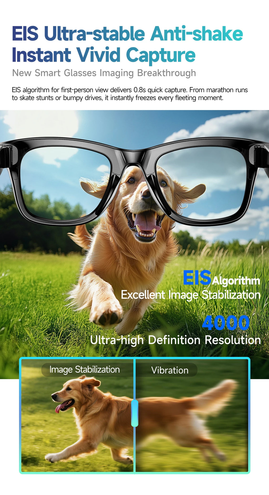 800W AI Camera Smart Glasses – Translation, Photo/Video, Waterproof, Calls, Color-Changing