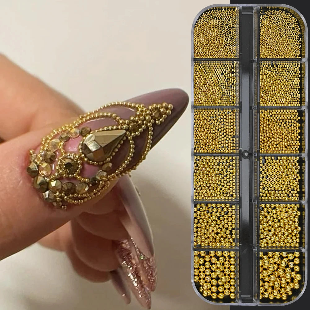 1 Box Half Round Flatback Nail Rhinestones Multi Size Gold& Silver