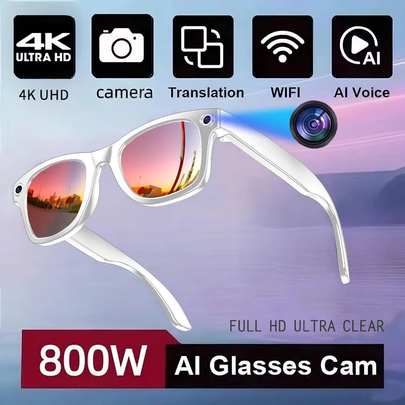 800W AI Camera Smart Glasses – Translation, Photo/Video, Waterproof, Calls, Color-Changing
