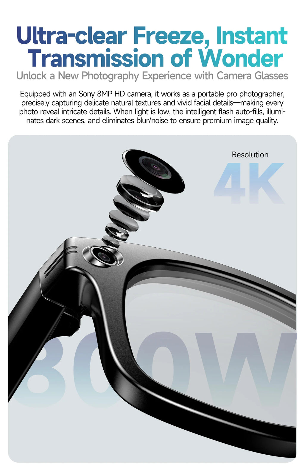 800W AI Camera Smart Glasses – Translation, Photo/Video, Waterproof, Calls, Color-Changing