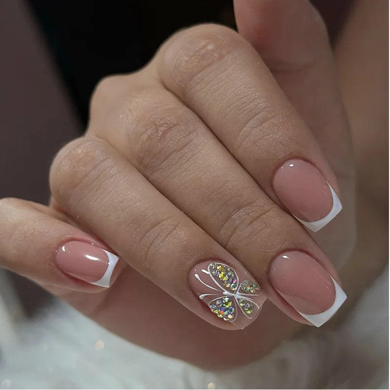White French Press on Nails 3D Bowknot