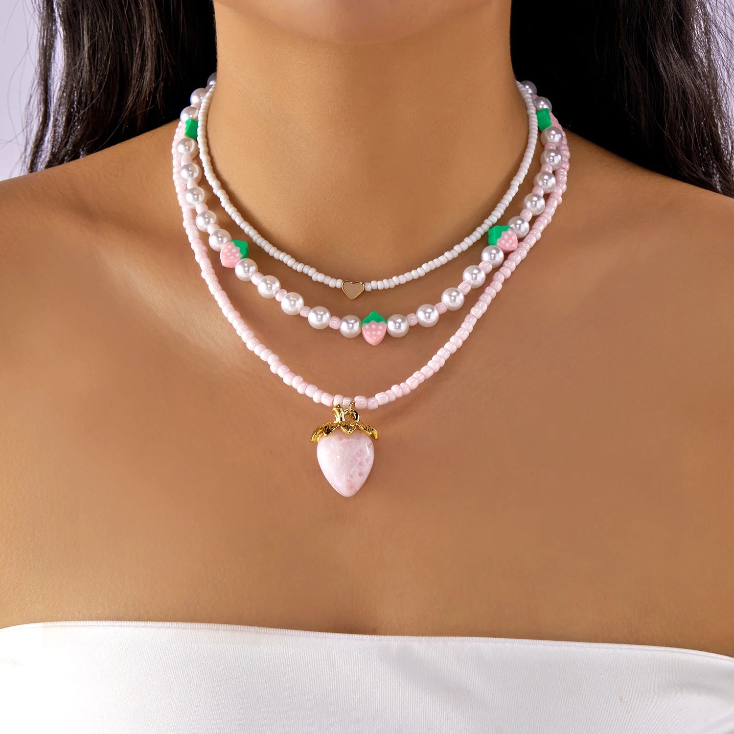 Trendy Red Fruit Cherry Pearl Necklace For Women