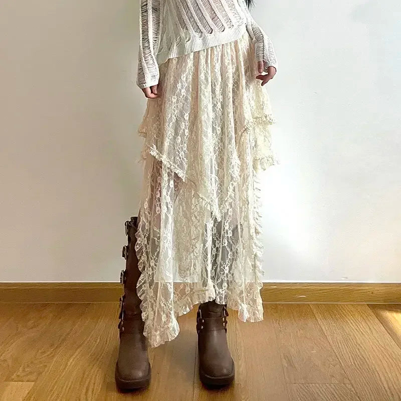 Lace Asymmetrical High-Waist Fairycore Skirt (Vintage Y2K Boho Style)