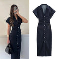 1975 Denim Midi Dress with Lapel & Slim Waist