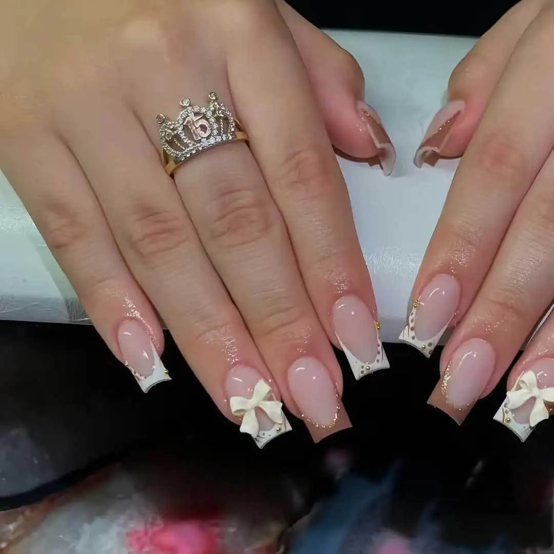 White French Press on Nails 3D Bowknot