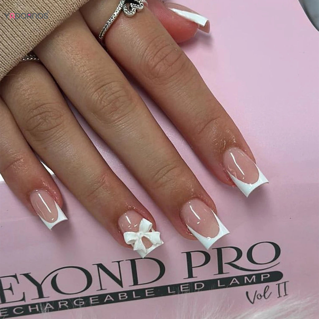 White French Press on Nails 3D Bowknot