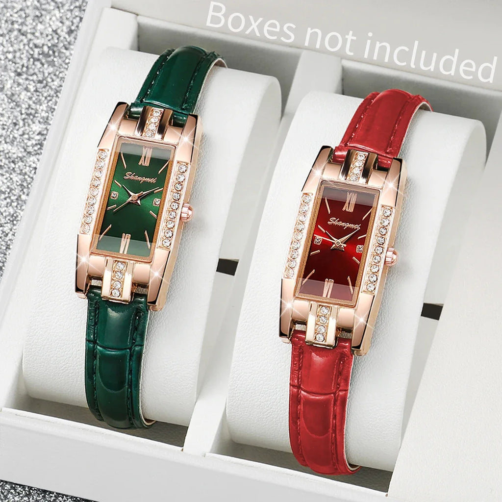 2 unidades/Reloj de cuarzo rectangular de moda para mujer con correa de cuero (sin caja)