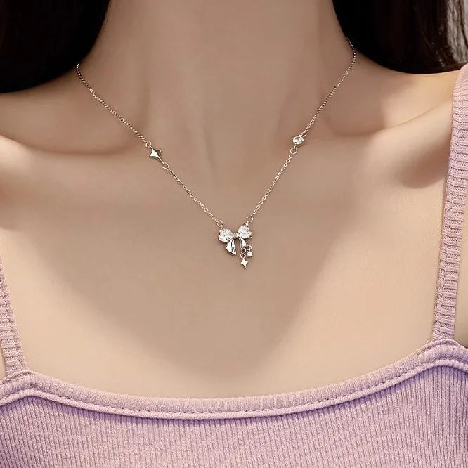 New Trendy Silver Bow Necklace For Woman