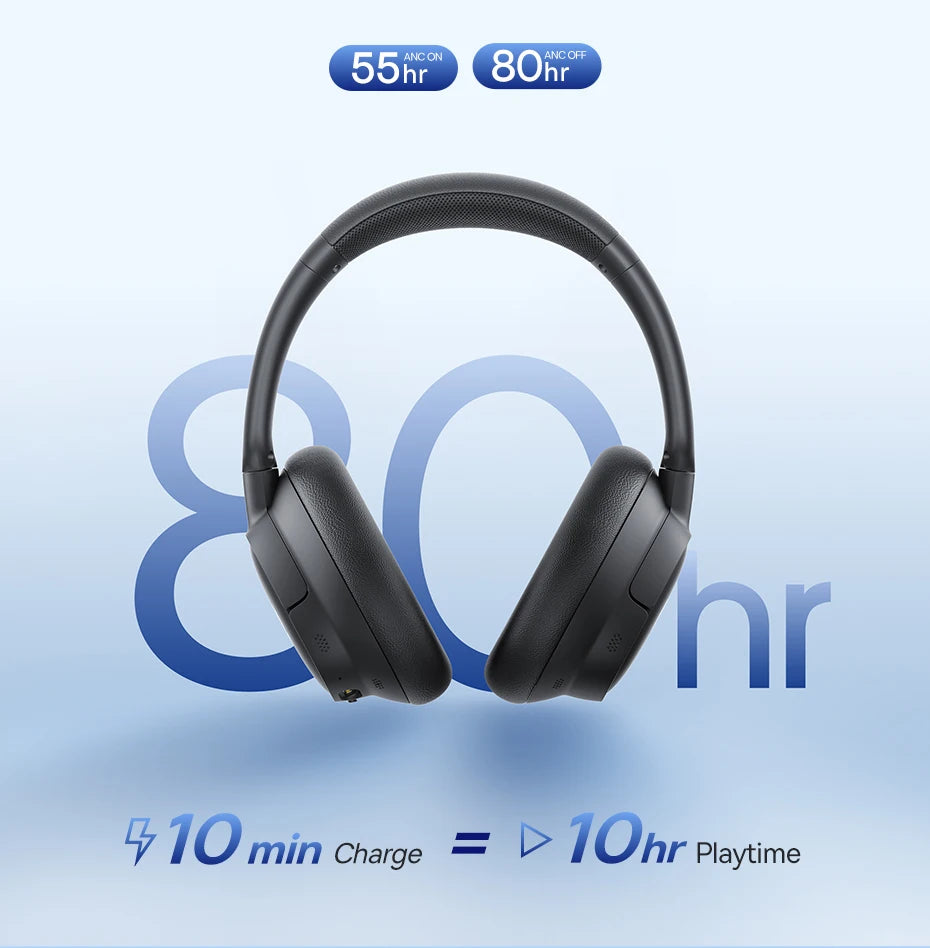 Baseus EH10 NC wireless headphones with adaptive noise canceling, Hi-Res audio, Bluetooth 6.0, and 80-hour battery.