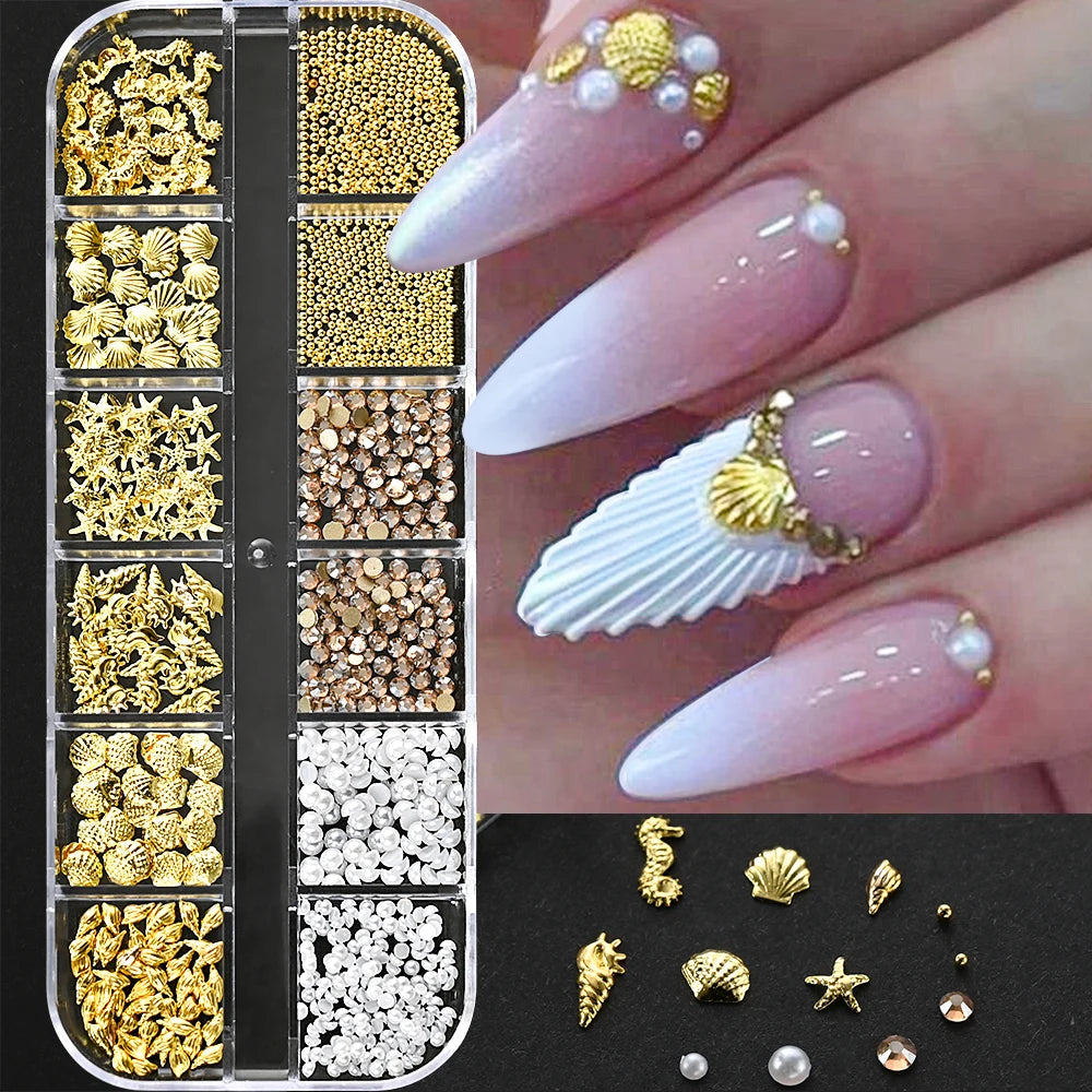 1 Box Half Round Flatback Nail Rhinestones Multi Size Gold& Silver