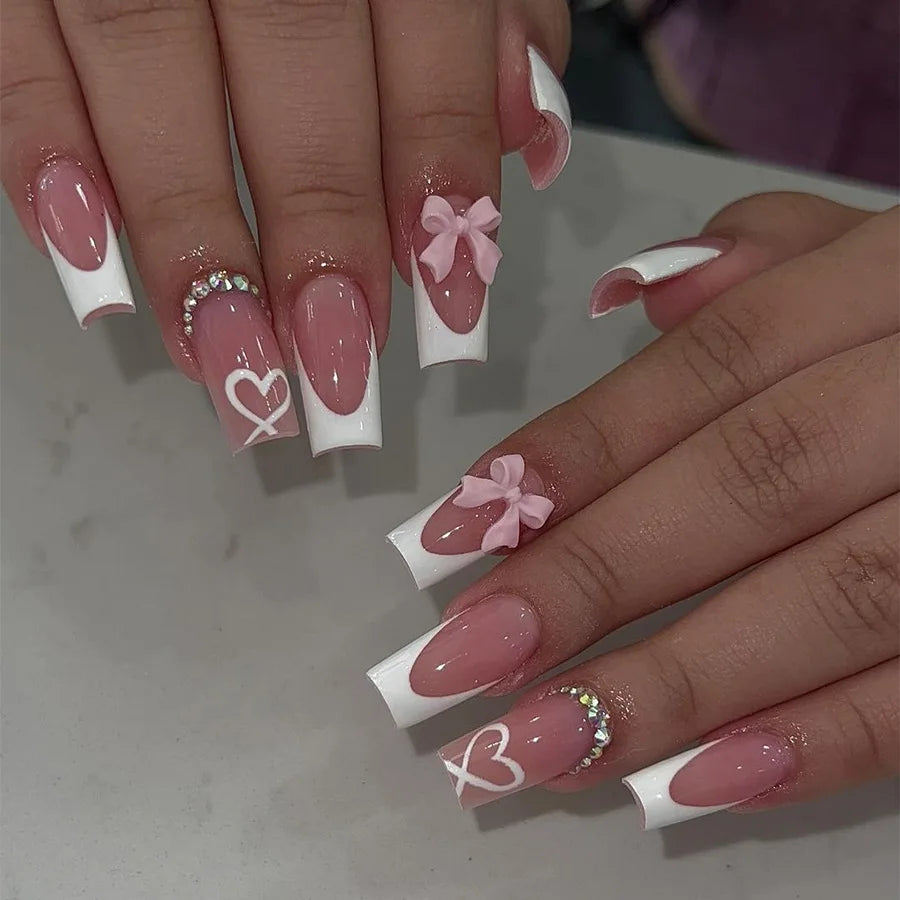 White French Press on Nails 3D Bowknot